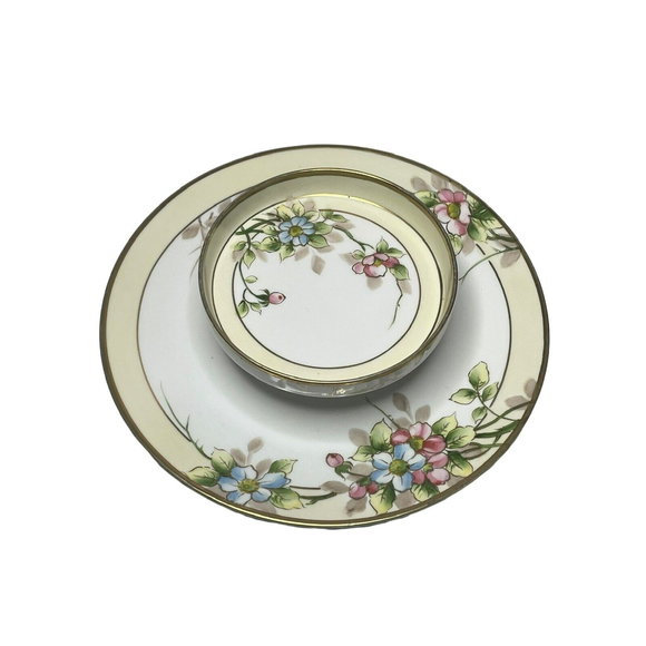 Nippon Hand Painted Flowers Two Tiered Pedestal Serving Plate Chip & Dip 8.75” - Picture 1 of 3